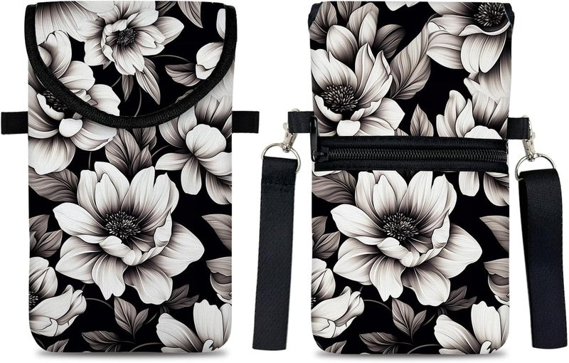 otilil Neoprene Cell Phone Sleeve Pouch Case Bag with Crossbody Strap Neck Lanyard for Women 7.5 X 4.3 in Flower Black - Image 1